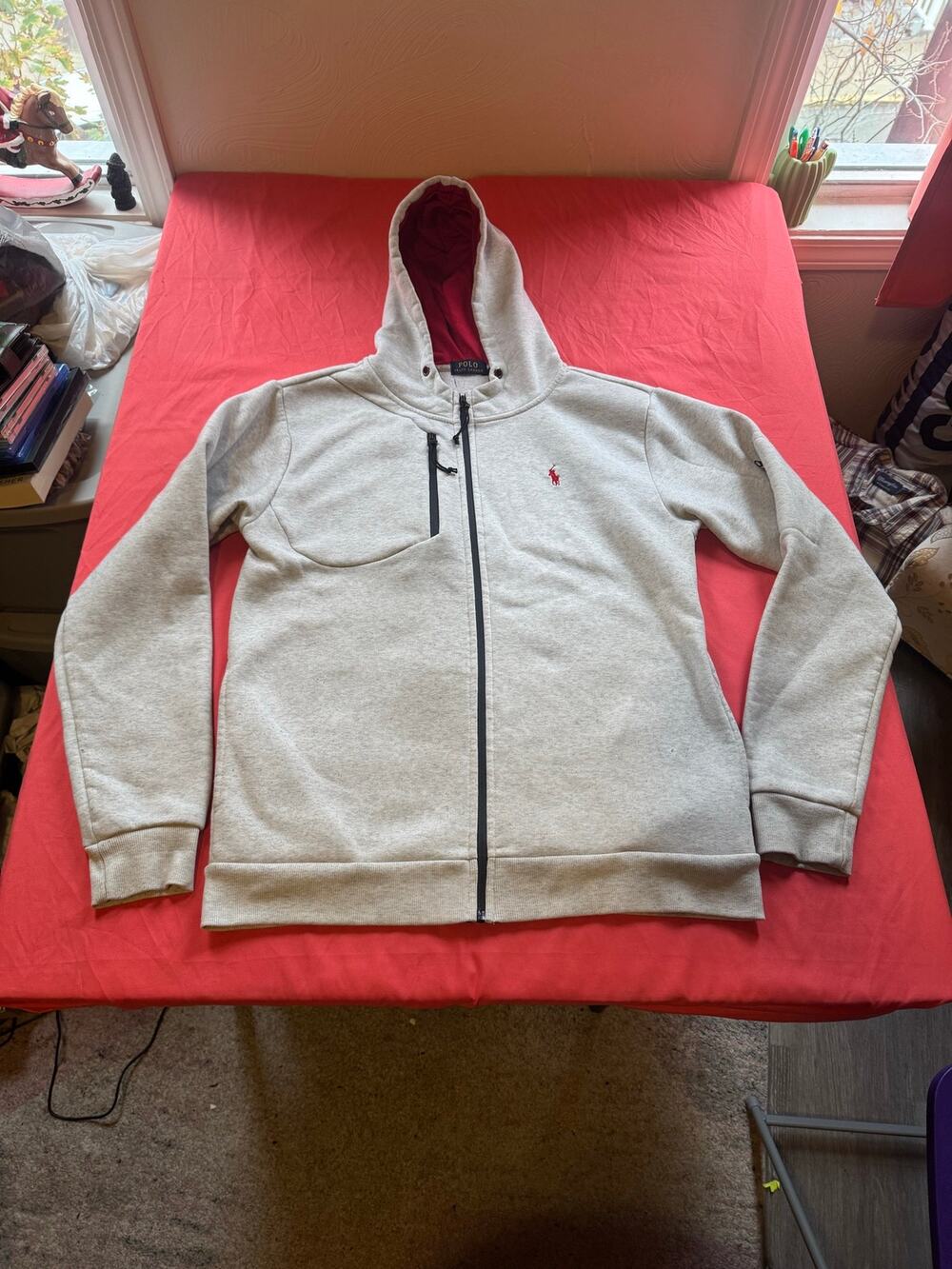 Polo Ralph Lauren Men's XL Double Knit Full Zip Hoodie Gray Red Pony Flawed